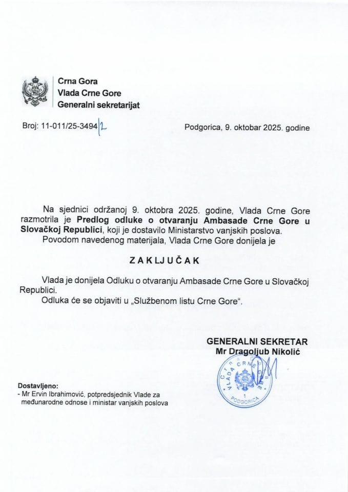 Predlog odluke o otvaranju Ambasade Crne Gore u Slovačkoj Republici - zaključci