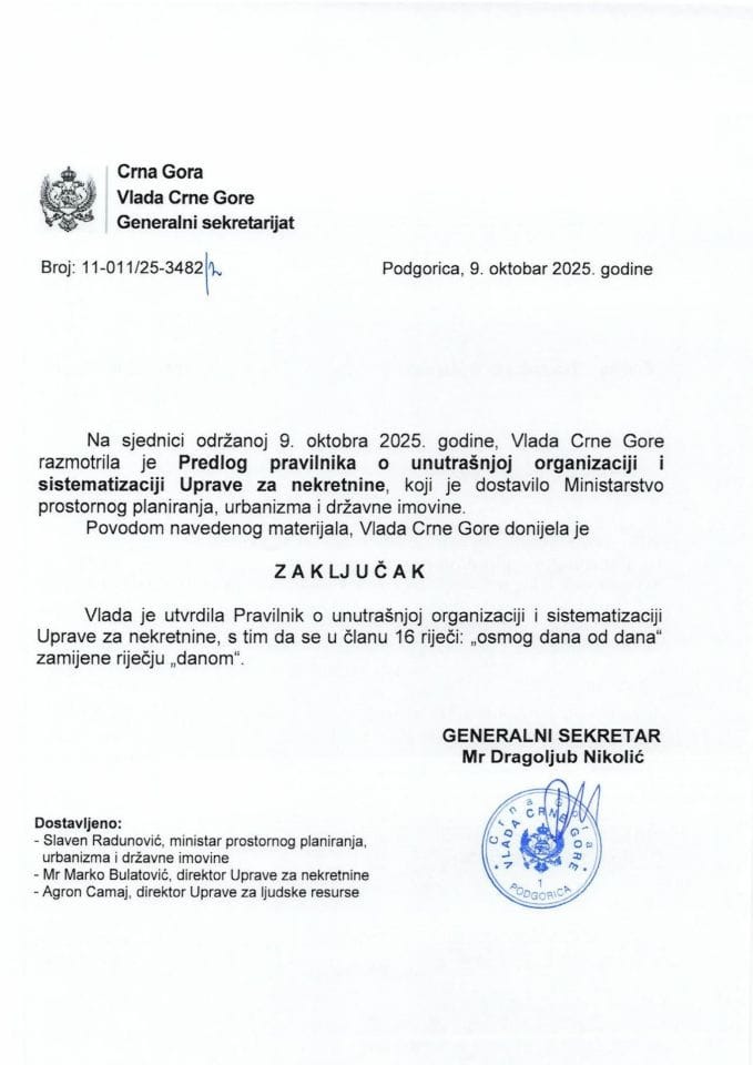 Predlog pravilnika o unutrašnjoj organizaciji i sistematizaciji Uprave za nekretnine - zaključci