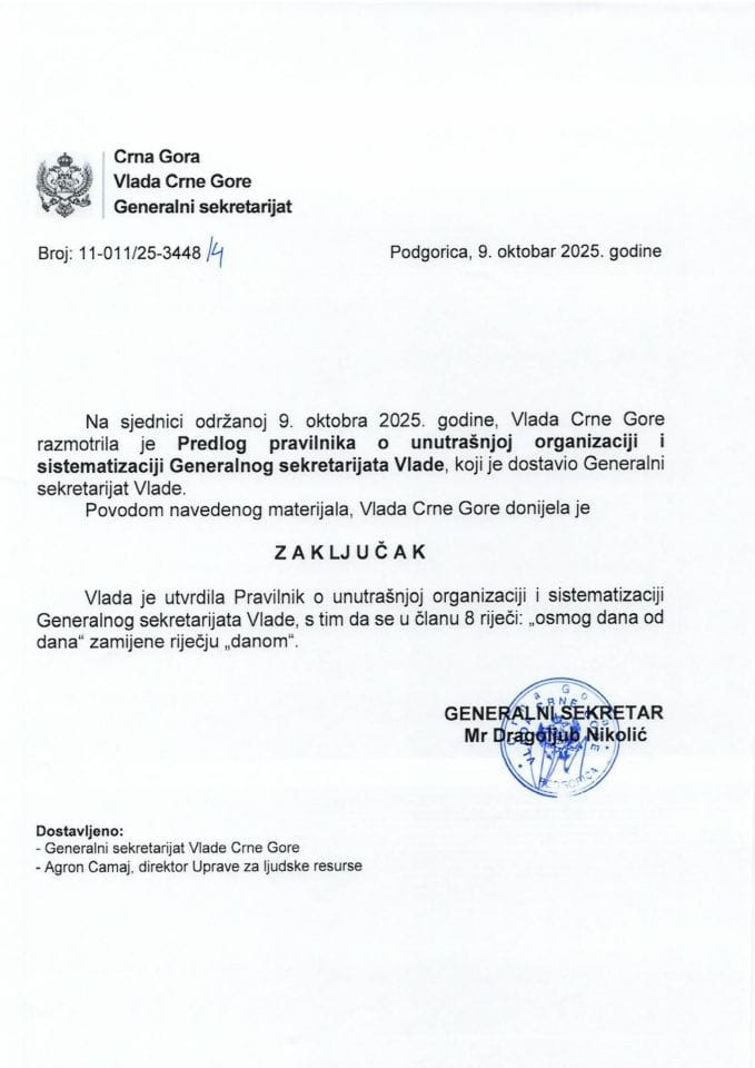 Predlog pravilnika o unutrašnjoj organizaciji i sistematizaciji Generalnog sekretarijata Vlade Crne Gore - zaključci