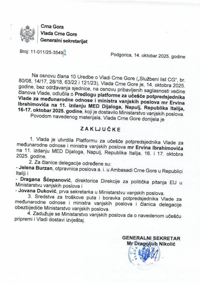 Predlog platforme za učešće potpredsjednika Vlade za međunarodne odnose i ministra vanjskih poslova mr Ervina Ibrahimovića na 11. izdanju MED Dijaloga, Napulj, Republika Italija, 16-17. oktobar 2025. godine - zaključci