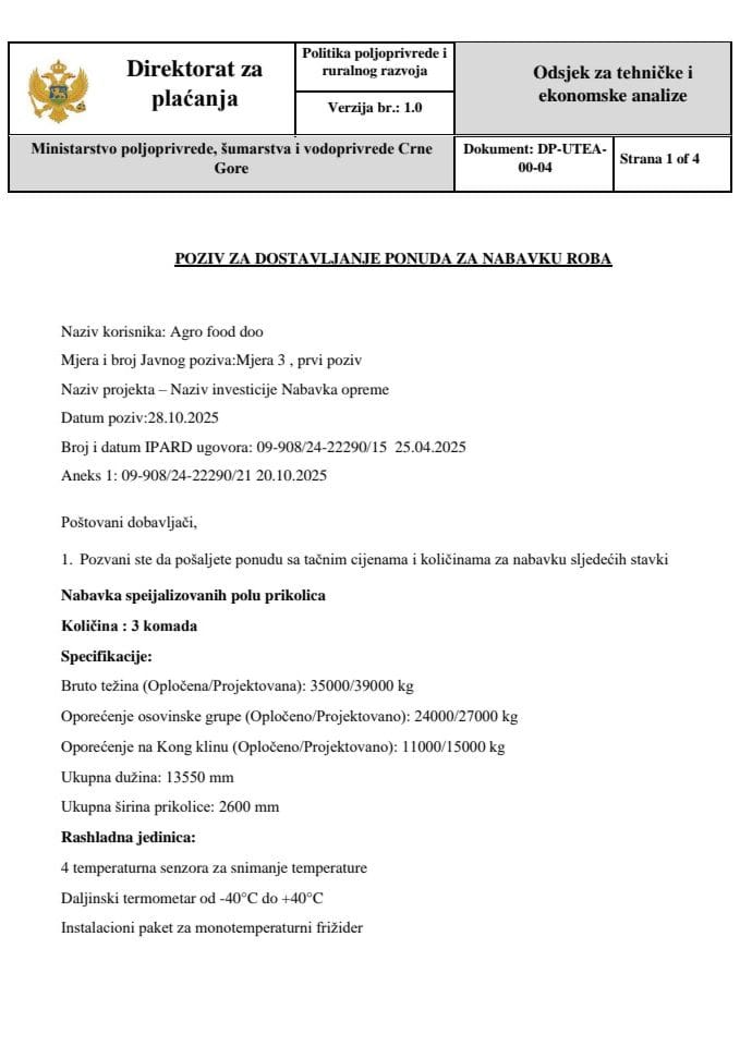 DP-UTEA-00-04 Poziv za dostavljanje ponuda za nabavku robe Agrofood prikolice