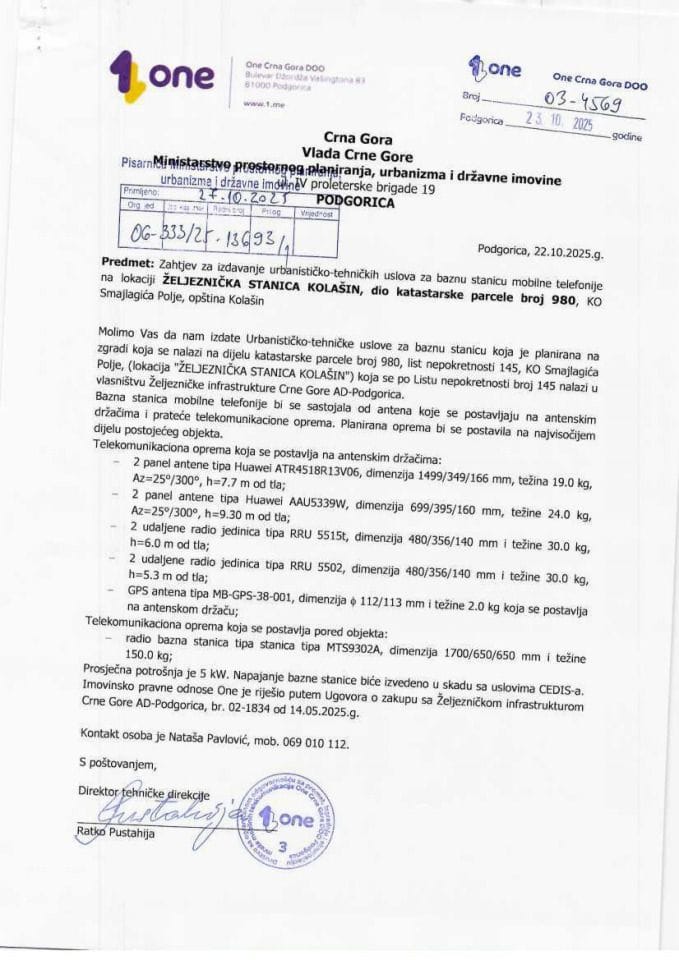 Zahtjevi za izdavanje urbanističko tehničkih uslova - 06_333_25_13693_1 ONE CRNA GORA DOO