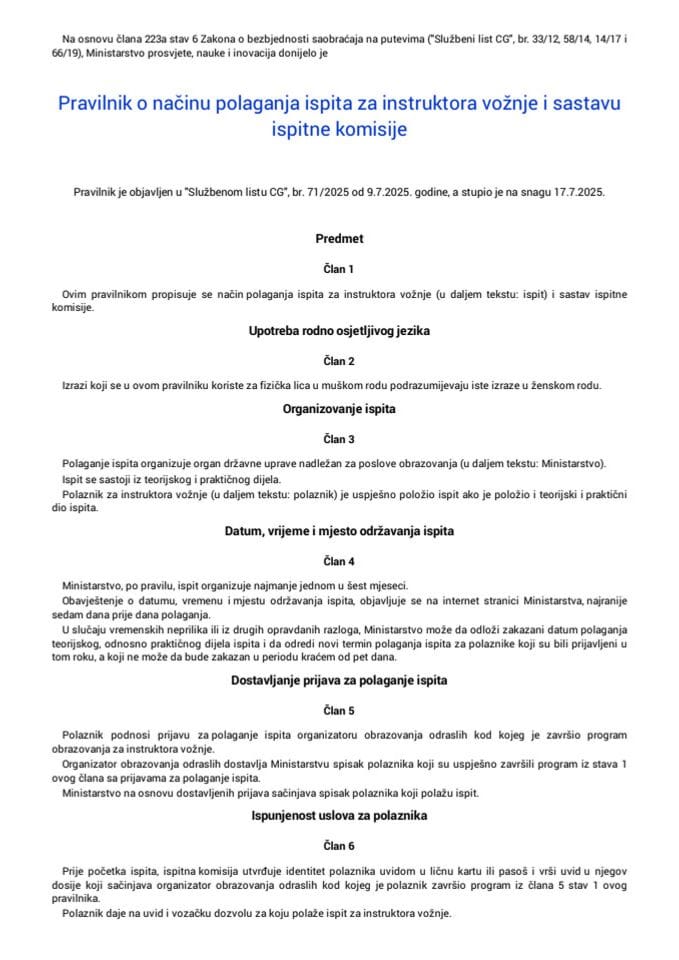 Pravilnik o načinu polaganja ispita za instruktora vožnje i sastavu ispitne komisije