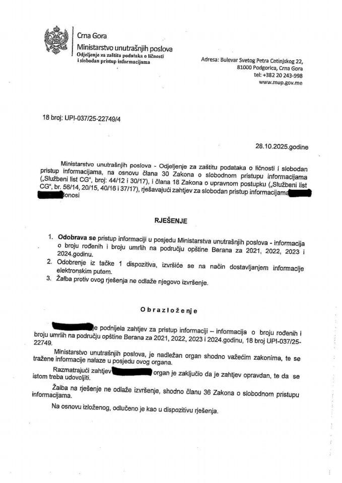 Rješenje br. 18-UPI-037/25-22749/4