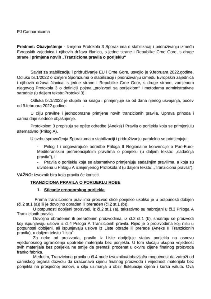 1. Izmjena Protokola 3 SSP-a između EU i Crne Gore i primjena novih Tranzicionih pravila o porijeklu
