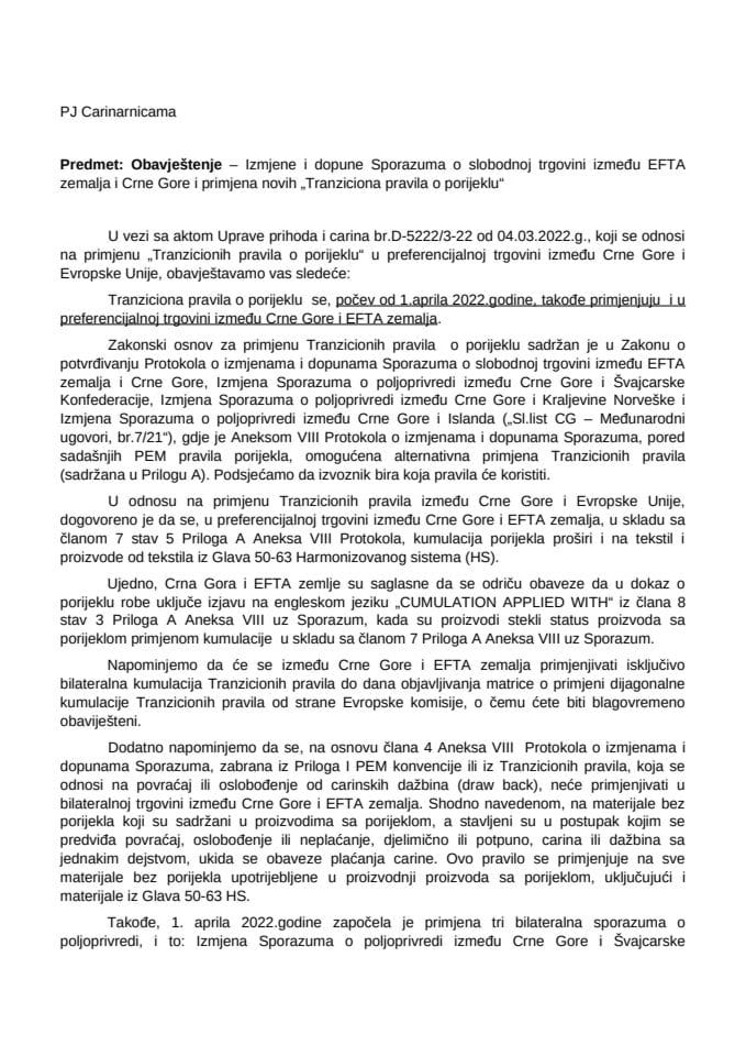 2. Izmjene i dopune Sporazuma o slobodnoj trgovini između EFTA zemalja i CG i primjena novih Tranzicionih pravila o porijeklu