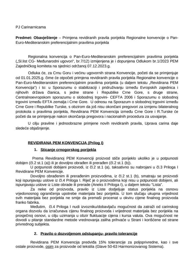 4. Obavještenje UC o primjeni revidiranih pravila porijekla PEM Konvencije