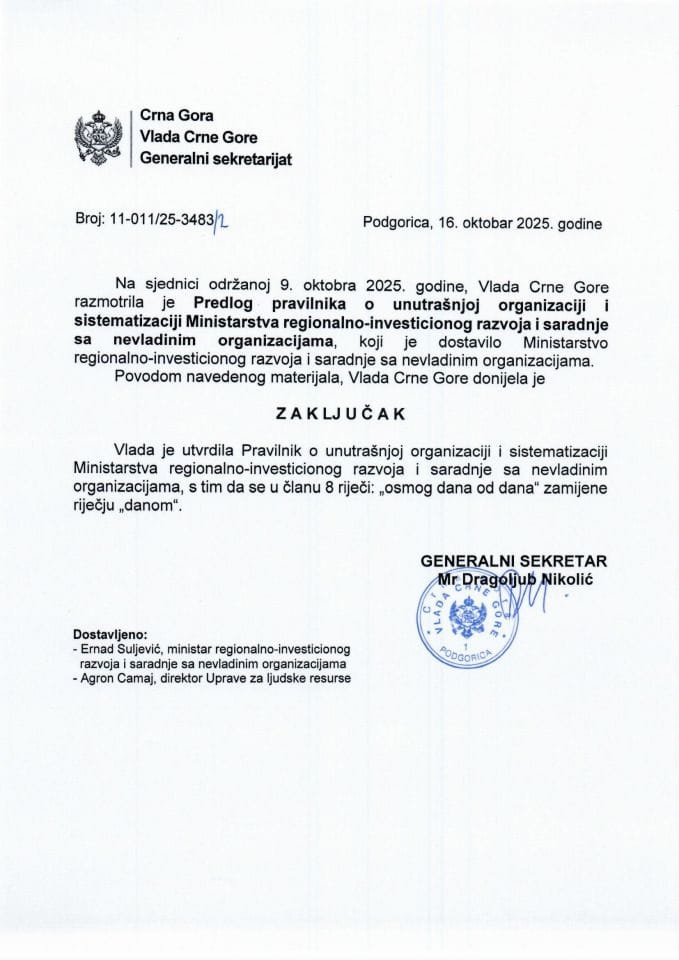 Predlog pravilnika o unutrašnjoj organizaciji i sistematizaciji Ministarstva regionalno – investicionog razvoja i saradnje sa nevladinim organizacijama - zaključci