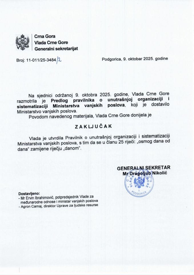 Predlog pravilnika o unutrašnjoj organizaciji i sistematizaciji Ministarstva vanjskih poslova - zaključci