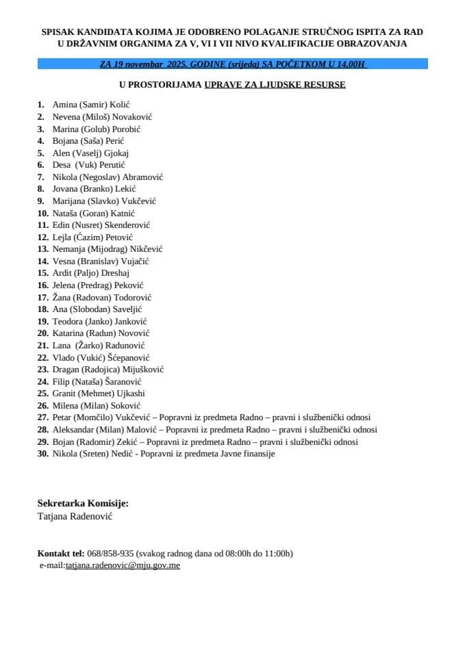 Списак кандидата за стручни испит 19.11.2025