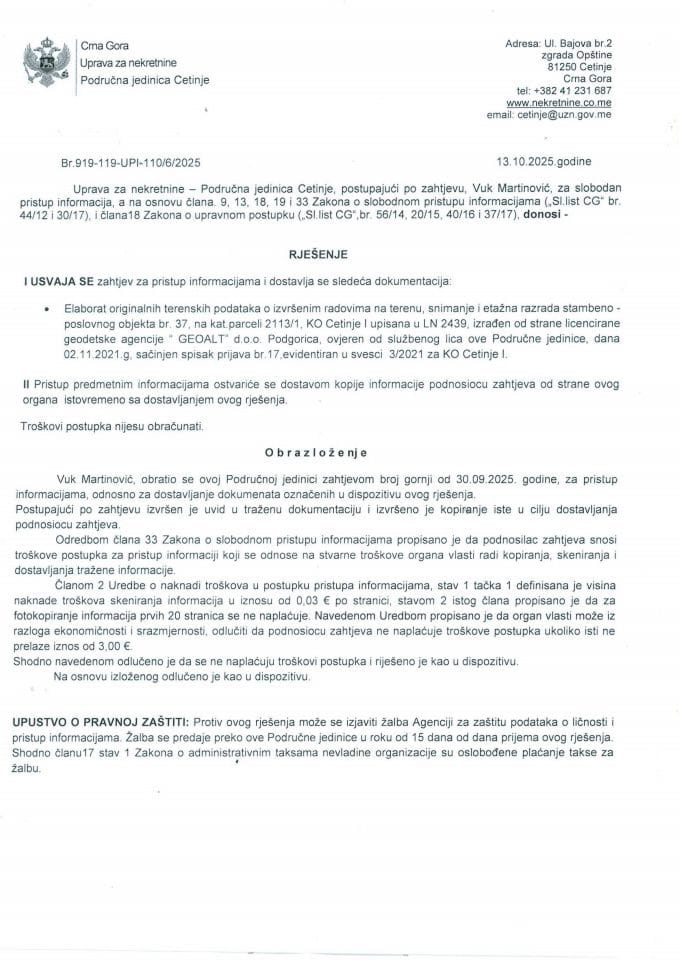 Rješenja o slobodnom pristupu informacijama - 16.10.2025.