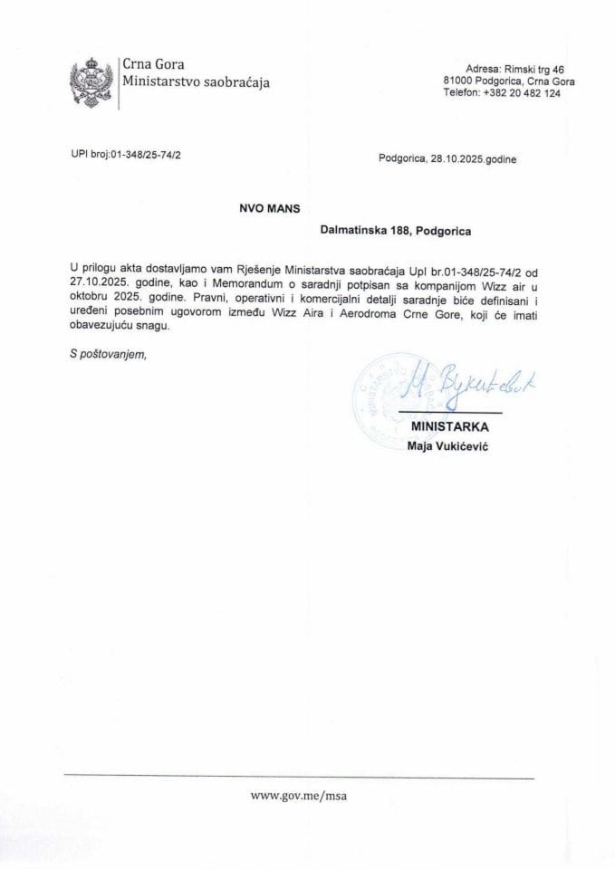 Rjesenje o odobrenju pristupa informaciji - Memorandum o saradnji sa WIZZ air
