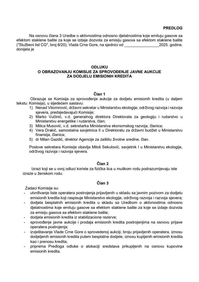 Predlog odluke o obrazovanju Komisije za sprovođenje javne aukcije za dodjelu emisionih kredita