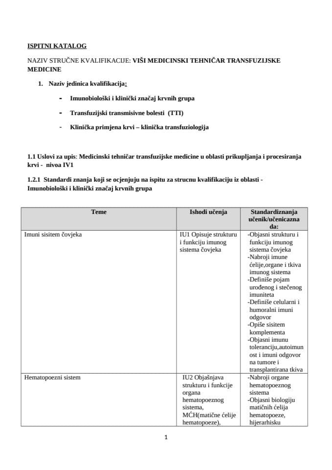 IK VIŠI MEDICINSKI TEHNIČAR TRANSFUZIJSKE MEDICINE