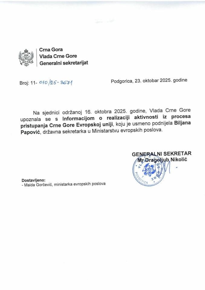 Усмена информација о реализацији активности из процеса приступања Црне Горе Европској унији - закључци