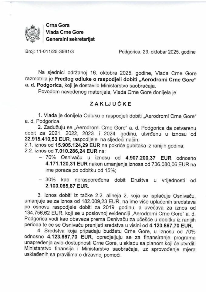Predlog odluke o raspodjeli dobiti „Aerodromi Crne Gore“ AD Podgorica - zaključci
