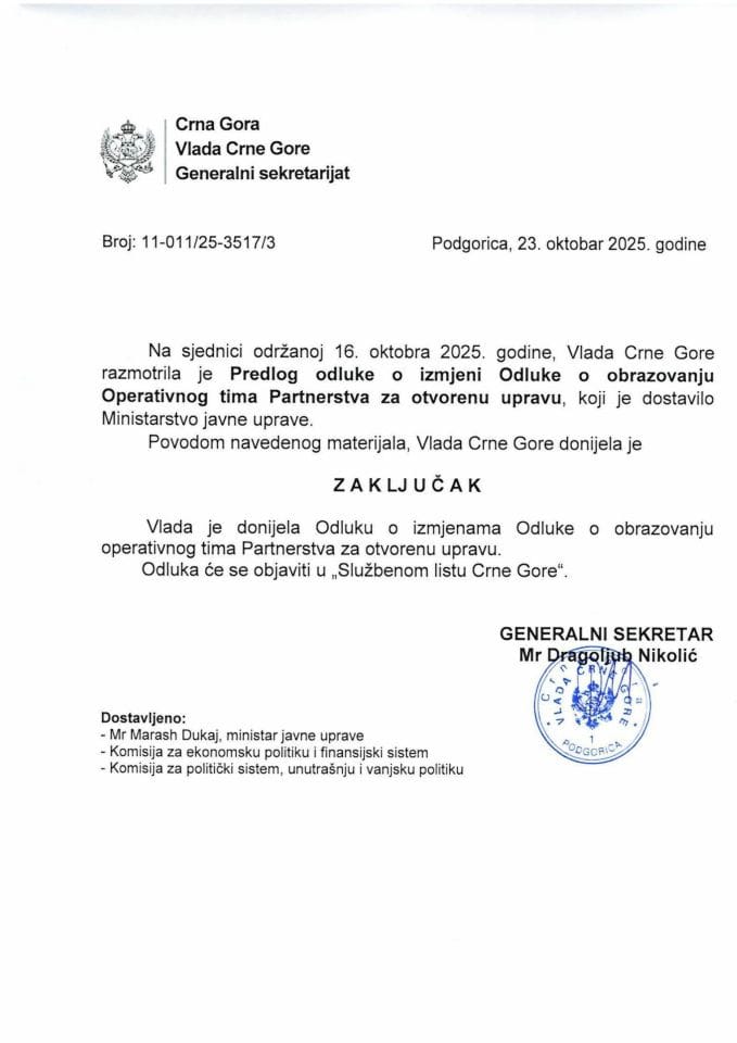 Predlog odluke o izmjenama Odluke o obrazovanju Operativnog tima Partnerstva za otvorenu upravu - zaključci