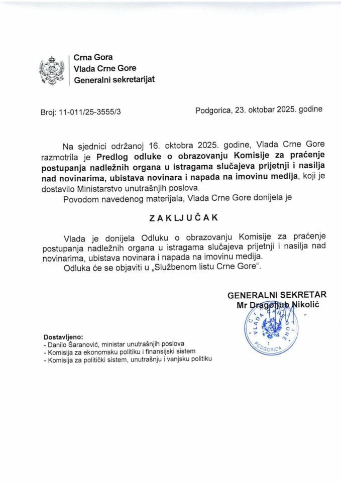 Predlog odluke o obrazovanju Komisije za praćenje postupanja nadležnih organa u istragama slučajeva prijetnji i nasilja nad novinarima, ubistava novinara i napada na imovinu medija - zaključci