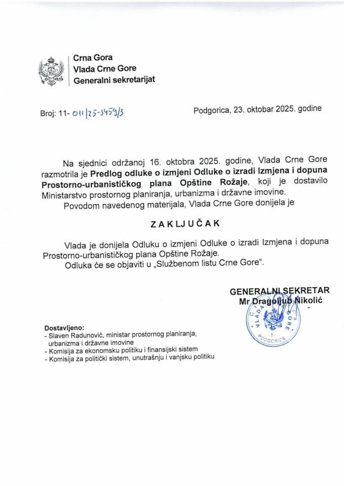 Предлог одлуке о измјени Одлуке о изради Измјена и допуна Просторно- урбанистичког плана Општине Рожаје - закључци