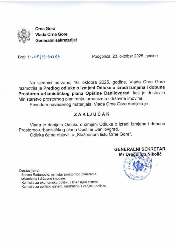Predlog odluke o izmjeni Odluke o izradi Izmjena i dopuna Prostorno- urbanističkog plana Opštine Danilovgrad - zaključci