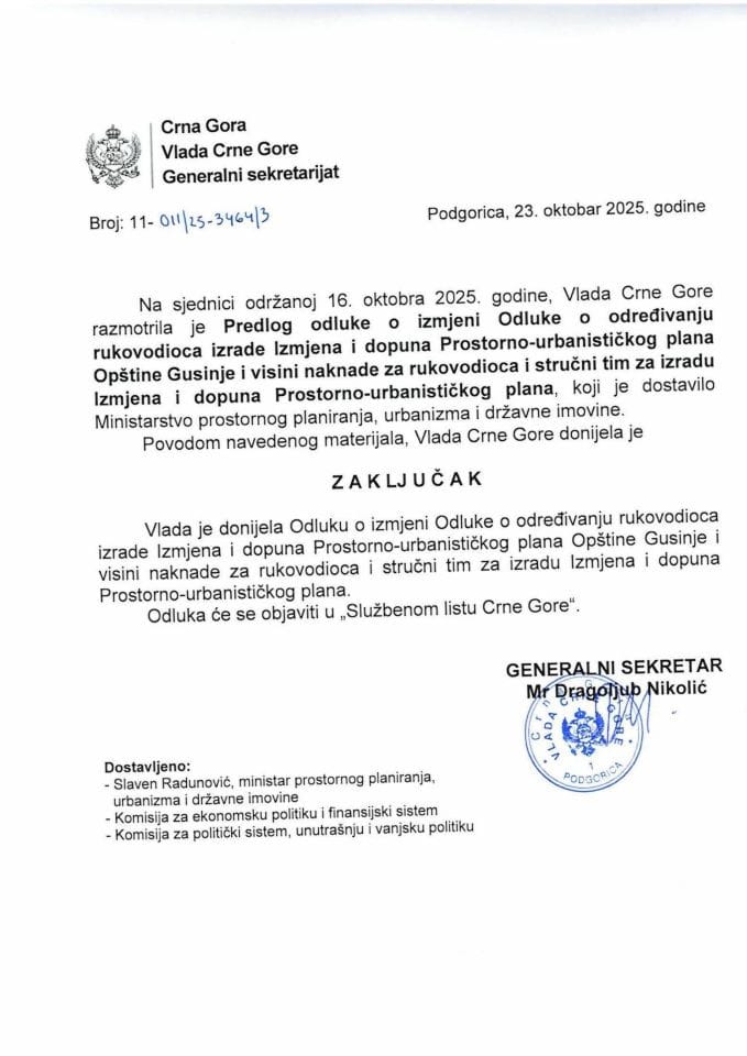 Предлог одлуке о измјени Одлуке о одређивању руководиоца израде Измјена и допуна Просторно-урбанистичког плана Општине Гусиње и висини накнаде за руководиоца и стручни тим за израду Измјена и допуна Просторно-урбанистичког плана - закључци