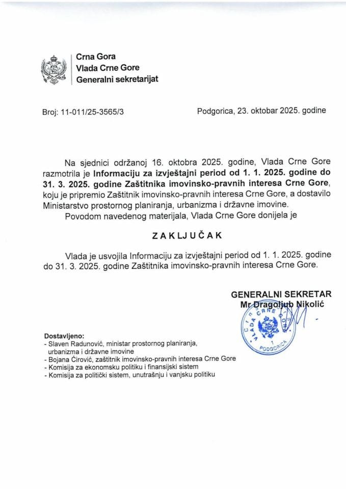 Informacija za izvještajni period od 01.01.2025. godine do 31.03.2025. godine Zaštitnika imovinsko-pravnih interesa Crne Gore - zaključci