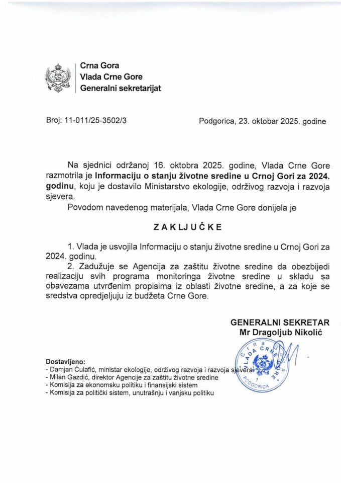 Информација о стању животне средине у Црној Гори за 2024. годину - закључци