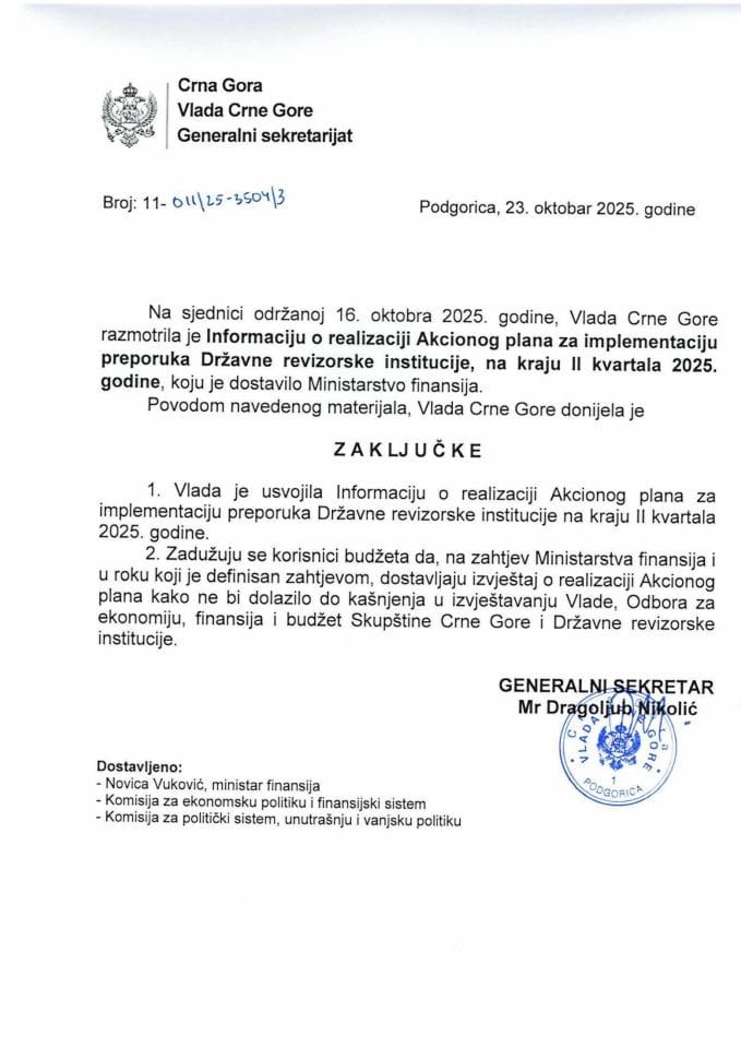 Informacija o realizaciji Akcionog plana za implementaciju preporuka Državne revizorske institucije, na kraju II kvartala 2025. godine - zaključci