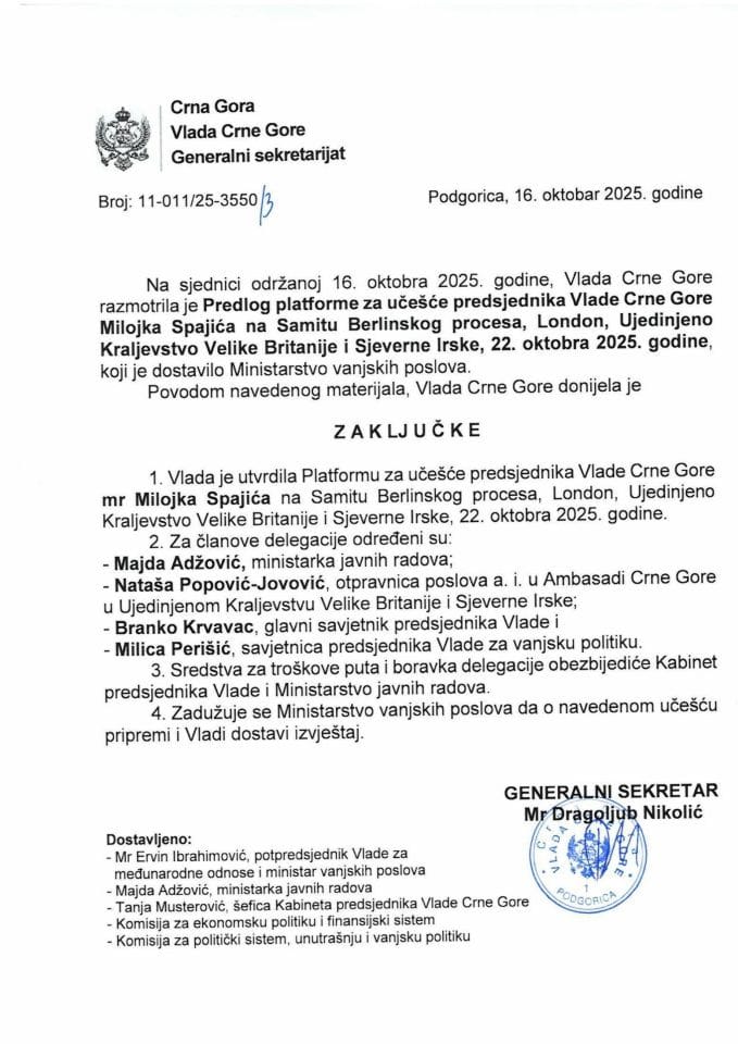 Predlog platforme za učešće predsjednika Vlade Crne Gore Milojka Spajića na Samitu Berlinskog procesa, London, Ujedinjeno Kraljevstvo Velike Britanije i Sjeverne Irske, 22. oktobra 2025. godine - zaključci