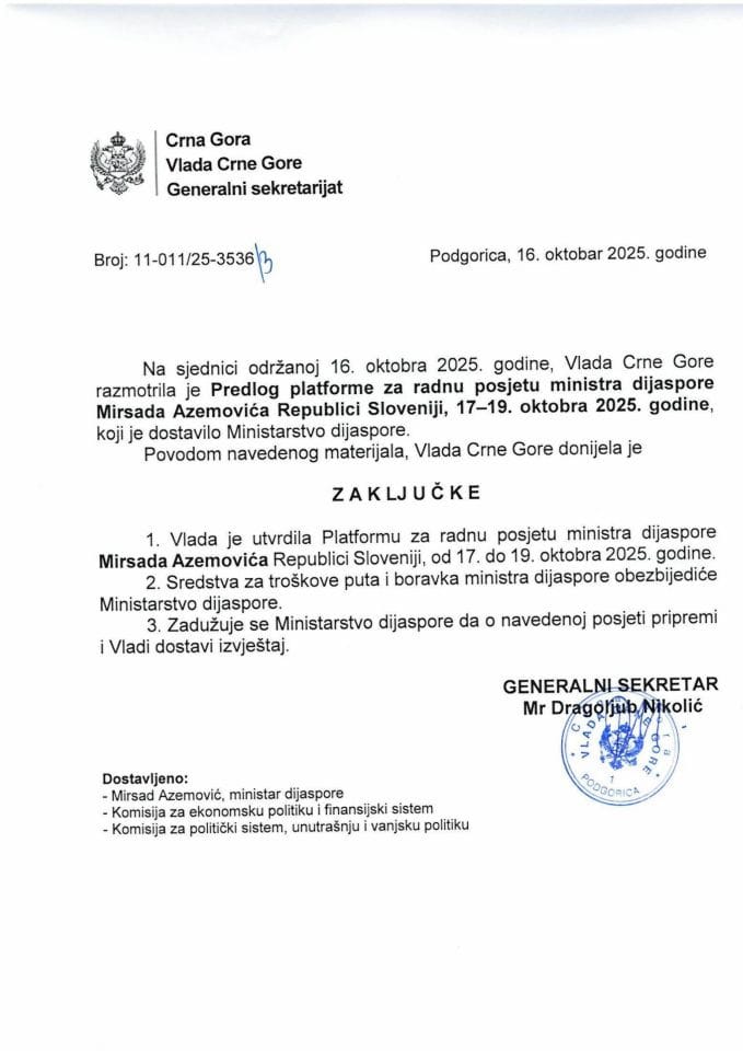 Предлог платформе за радну посјету министра дијаспоре Мирсада Аземовића Републици Словенији, 17-19. октобра 2025. године - закључци
