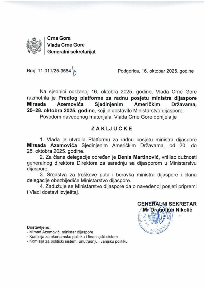 Predlog platforme za radnu posjetu ministra dijaspore Mirsada Azemovića Sjedinjenim Američkim Državama, 20-28. oktobra 2025. godine - zaključci