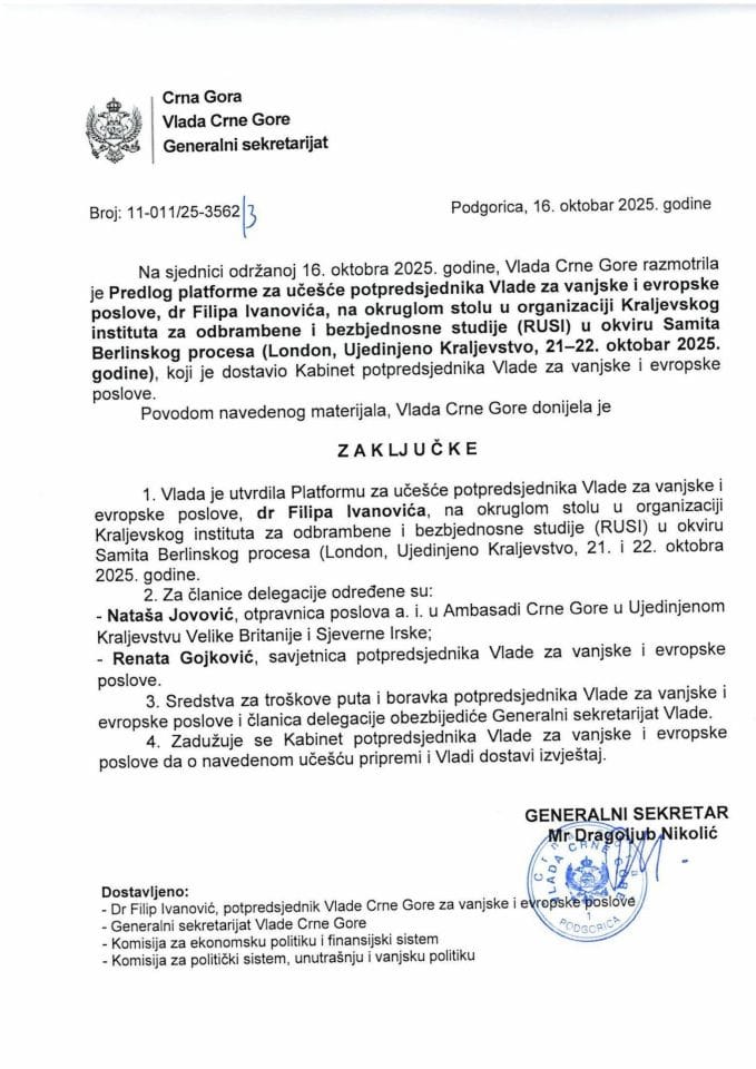 Предлог платформе за учешће потпредсједника Владе за вањске и европске послове Филипа Ивановића на округлом столу у организацији Краљевског института за одрамбене и безбједносне студије (RUSI) у оквиру Самита Берлинског процеса, Лондон - закључци