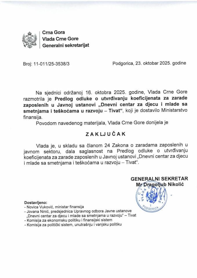 Predlog odluke o utvrđivanju koeficijenata za zarade zaposlenih u Javnoj ustanovi „Dnevni centar za djecu i mlade sa smetnjama i teškoćama u razvoju - Tivat“ - zaključci