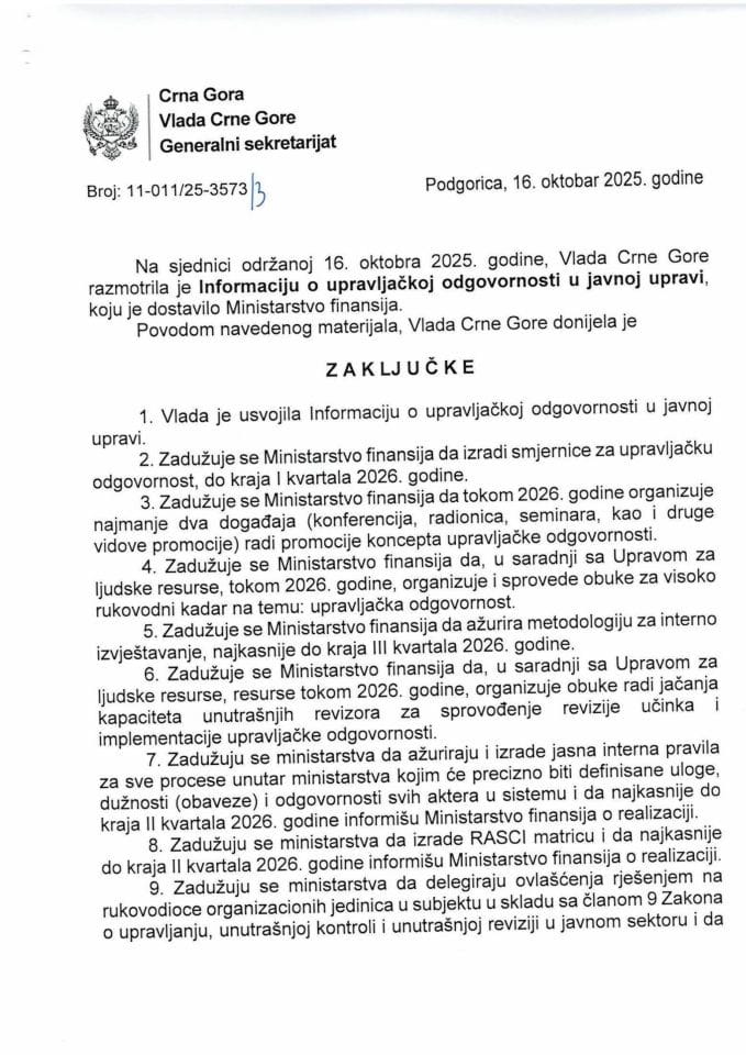 Informacija o upravljačkoj odgovornosti u javnoj upravi - zaključci