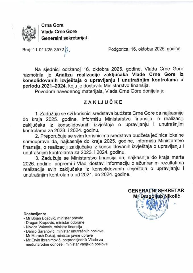 Анализа реализације закључака Владе Црне Горе из консолидованих извјештаја о управљању и унутрашњим контролама у периоду 2021 – 2024 - закључци