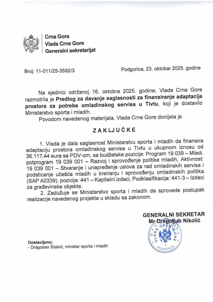 Predlog za davanje saglasnosti za finansiranje adaptacije prostora za potrebe omladinskog servisa u Tivtu - zaključci