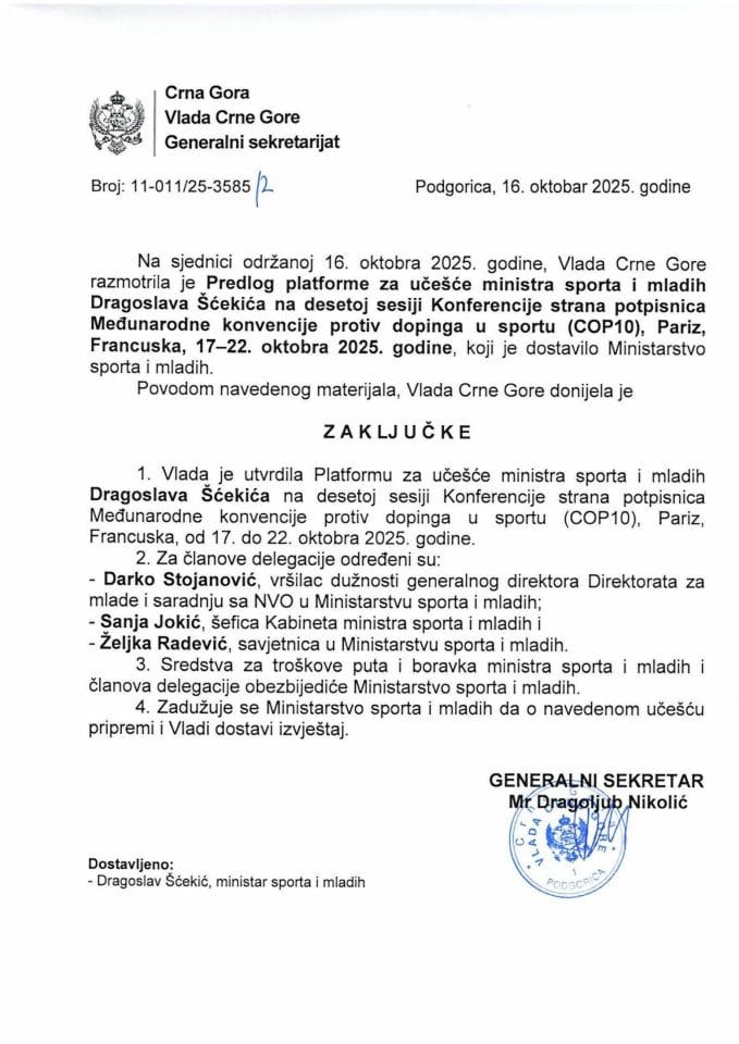 Predlog platforme za učešće ministra sporta i mladih Dragoslava Šćekića na desetoj sesiji Konferencije strana potpisnica Međunarodne konvencije protiv dopinga u sportu (COP10), Pariz, Francuska, 17-22. oktobra 2025. godine - zaključci