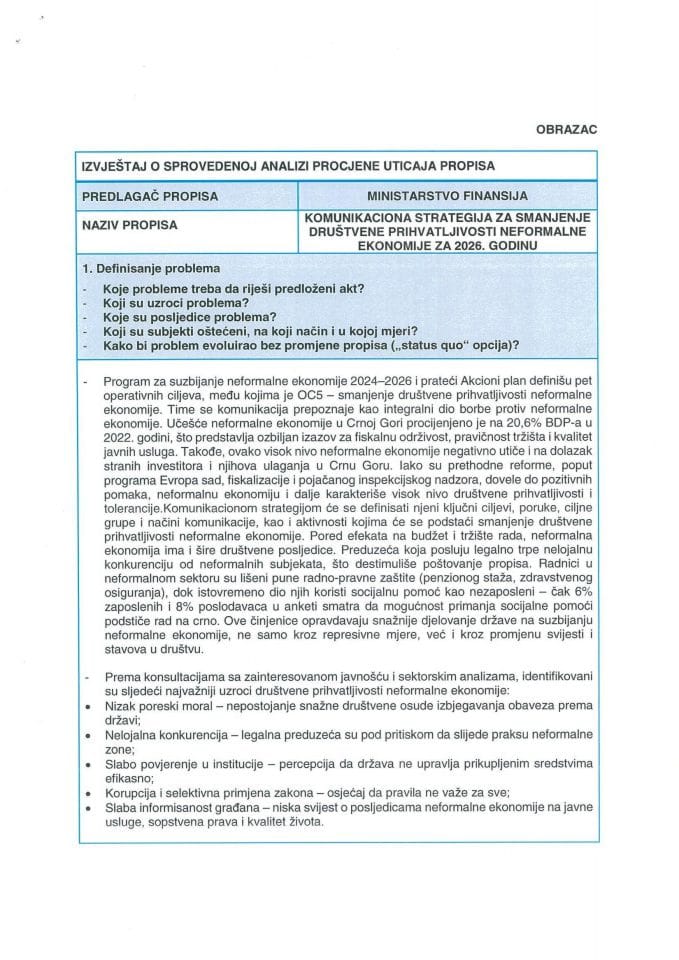 Izvještaj o sprovedenoj analizi procjene uticaja propisa (RIA)