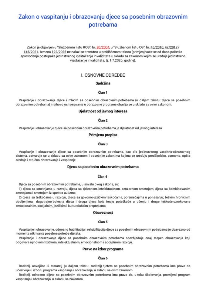 Zakon o vaspitanju i obrazovanju djece sa posebnim obrazovnim potrebama