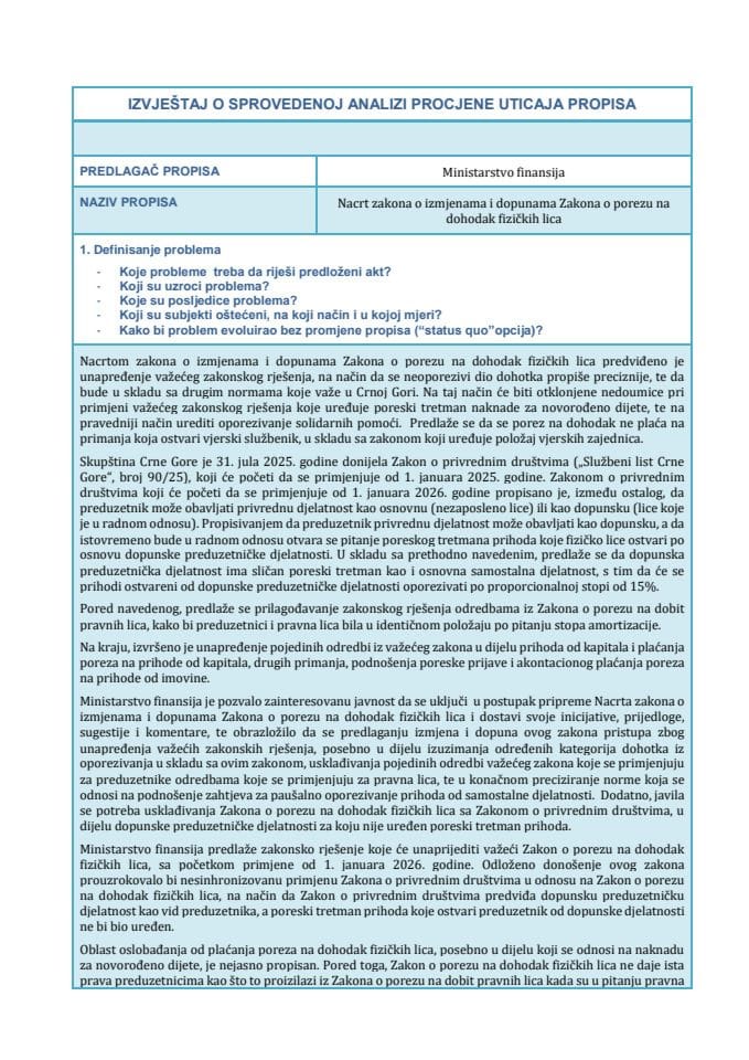 Izvještaj o sprovedenoj analizi procjene uticaja propisa (RIA)