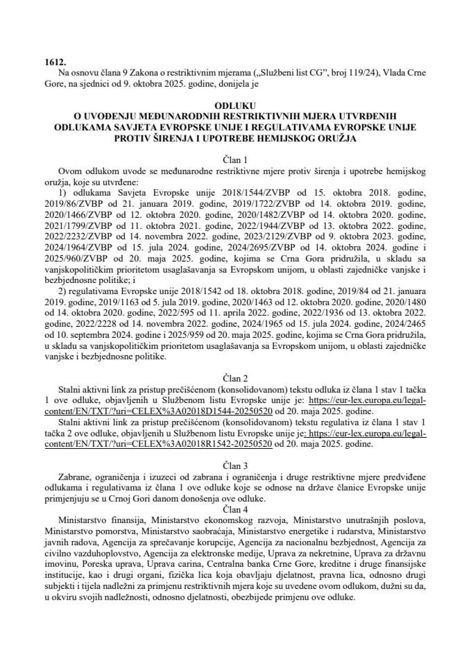 Одлука о увођењу међународних рестриктивних мјера утврђених одлукама Савјета Европске уније и регулативама Европске уније с уније против ширења и употребе хемијског оружја – превод одлуке и регулативе
