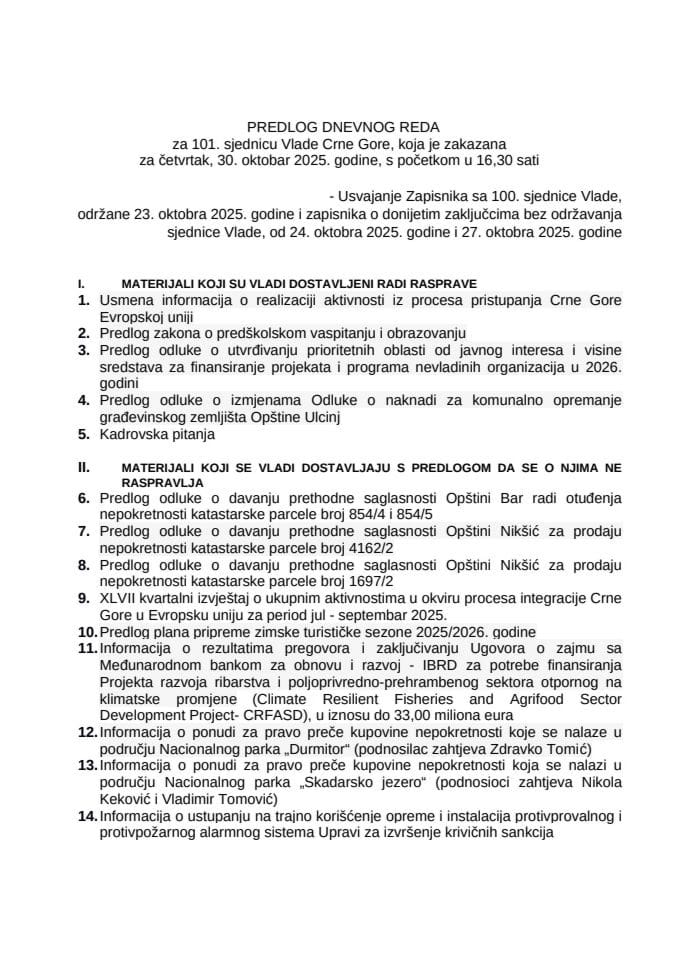 Предлог дневног реда за 101. сједницу Владе Црне Горе
