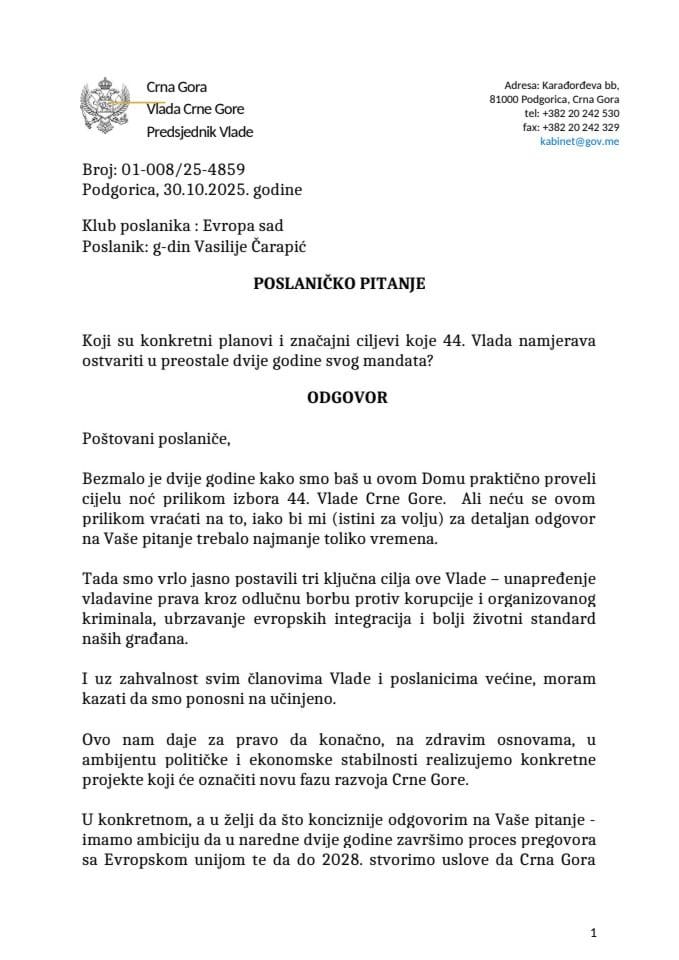 Premijerski sat: Odgovor predsjednika Vlade Milojka Spajića na poslaničko pitanje Vasilija Čarapića