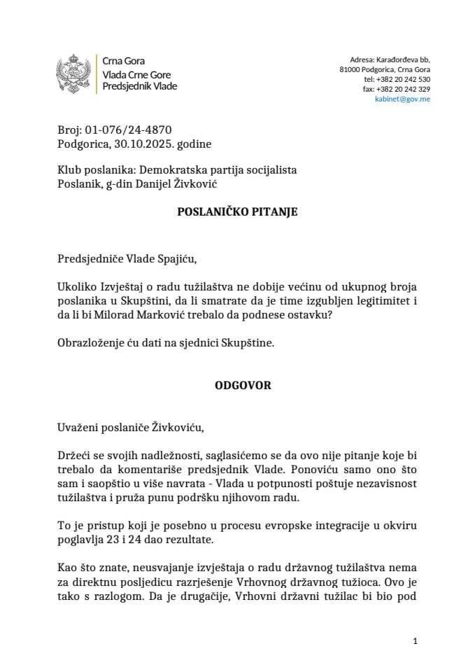Premijerski sat: Odgovor predsjednika Vlade Milojka Spajića na poslaničko pitanje Danijela Živkovića