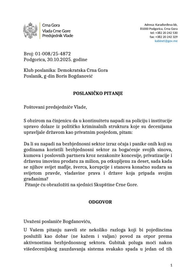 Premijerski sat: Odgovor predsjednika Vlade Milojka Spajića na poslaničko pitanje Borisa Bogdanovića