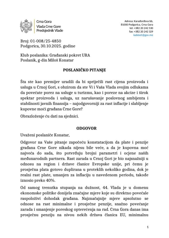 Premijerski sat: Odgovor predsjednika Vlade Milojka Spajića na poslaničko pitanje Miloša Konatara