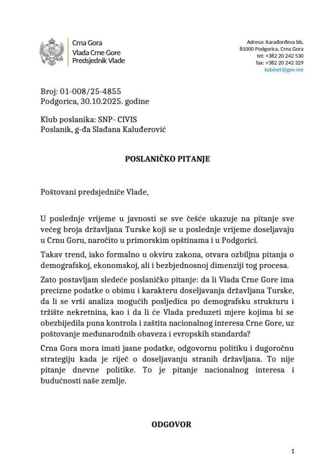 Premijerski sat: Odgovor predsjednika Vlade Milojka Spajića na poslaničko pitanje Slađane Kaluđerović