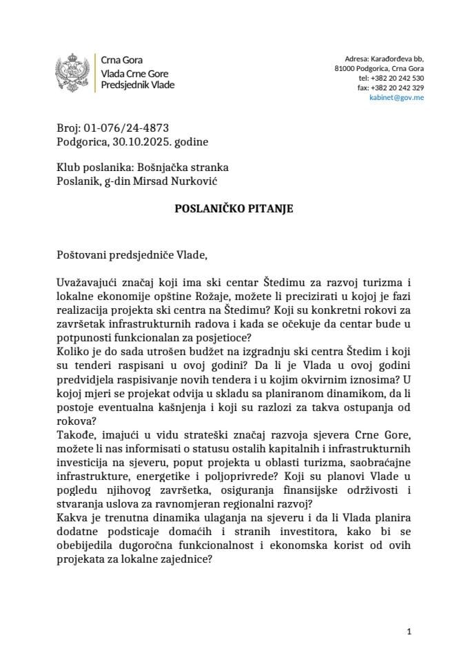 Premijerski sat: Odgovor predsjednika Vlade Milojka Spajića na poslaničko pitanje Mirsada Nurkovića