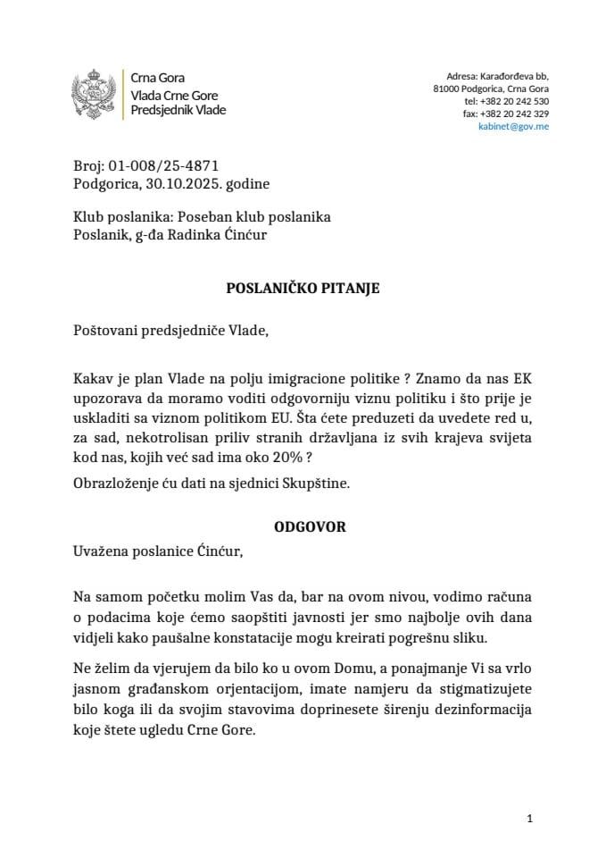 Premijerski sat: Odgovor predsjednika Vlade Milojka Spajića na poslaničko pitanje Radinke Ćinćur