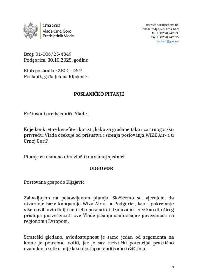 Premijerski sat: Odgovor predsjednika Vlade Milojka Spajića na poslaničko pitanje Jelene Kljajević